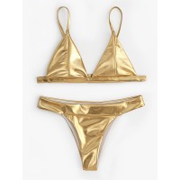 Women Triangle Bronzing Solid Color Thong Bikini