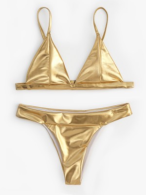 Women Triangle Bronzing Solid Color Thong Bikini