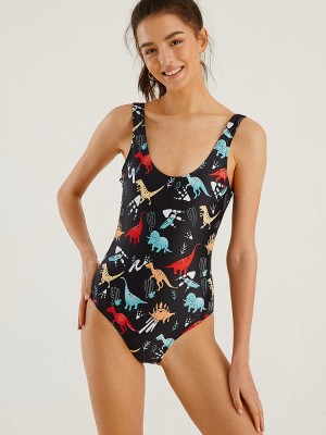 Women Cartoon Dinosaur Print Open Back One Piece Beach Swimwear