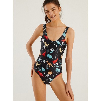 Women Cartoon Dinosaur Print Open Back One Piece Beach Swimwear