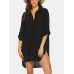 Women Solid Color Cover Up Loose Sun Protection High  Low Hem Beach Dress