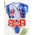 Women Tropical Leaves Print Swimsuit String Short Sleeve High Waist Bikini