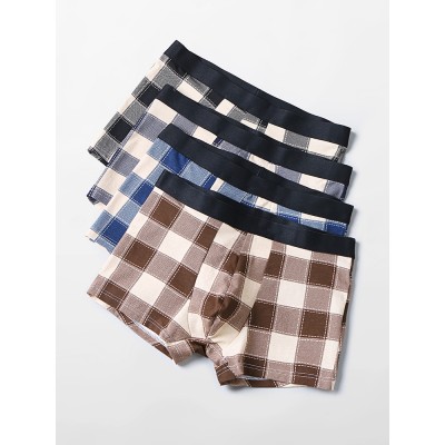 Mens 4Pcs Plaid Print Cotton Elastic Waist Home Breathable Thin U Convex Pouch Boxers Briefs