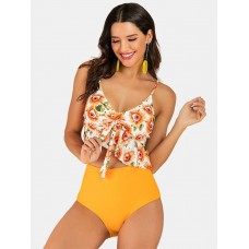 Women Floral Print Ruffles V  Neck Spaghetti Straps Hot High Waist Bikini