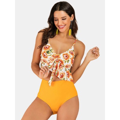 Women Floral Print Ruffles V  Neck Spaghetti Straps Hot High Waist Bikini