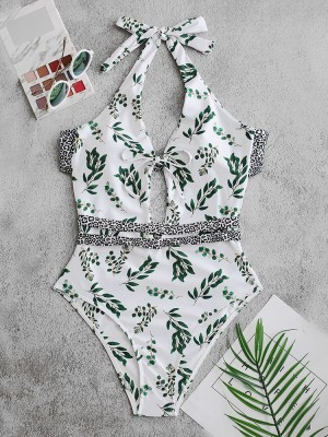 Flora Print Criss Cross Lace  up Backless Swimwear For Ladies