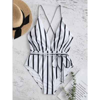 Plunge V Neck Swimwear Cross Criss Backless String One  Pieces