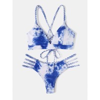 Women Tie Dye Criss  Cross Back Bandage Backless High Fork Bikini