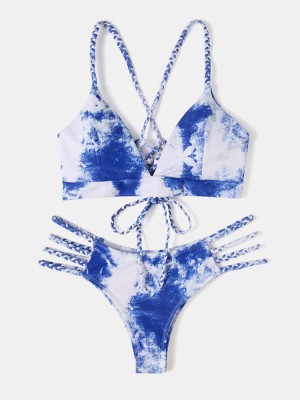 Women Tie Dye Criss  Cross Back Bandage Backless High Fork Bikini