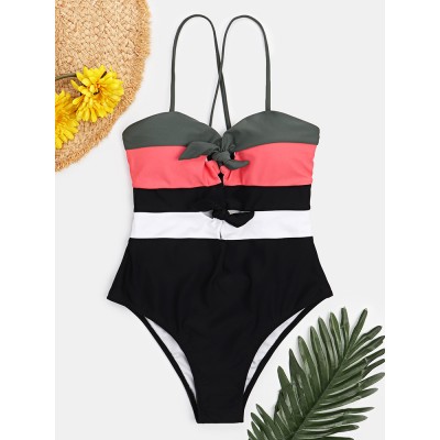 Women Swimwear Color Block Tie Front Tie Back One Piece