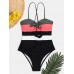 Women Swimwear Color Block Tie Front Tie Back One Piece