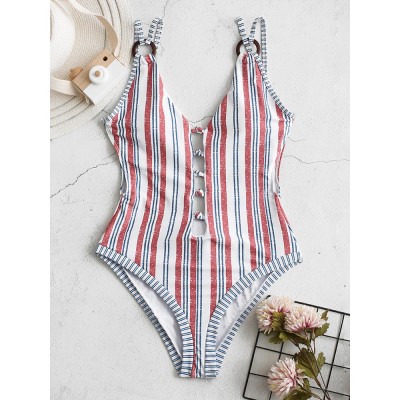 Spaghetti Straps Stripe Print Deep Backless Hot Swimwear