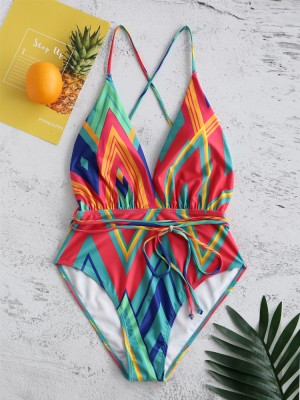 Floral Printed Drawstring Criss Cross Backless Swimwear Chic One  Pieces