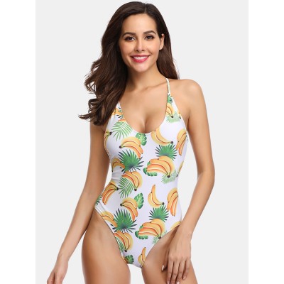 Women Banana Print Criss  Cross Spaghetti Straps One Piece Beach Swimwear