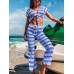 Geometric Print Knotted Short Sleeve Top High Waist Pants Thin Beach Two Piece Set Cover Ups