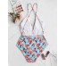 Criss Cross Backless Floral Drawstring Plunge Neck Swimwear