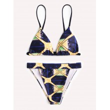 Women Geometric Print Triangle String Backless Swimsuit High Waist Bikini