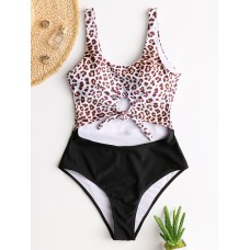 Women Tie Front Cut Out Swimwear Leopard Patchwork One Piece