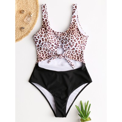 Women Tie Front Cut Out Swimwear Leopard Patchwork One Piece