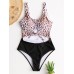 Women Tie Front Cut Out Swimwear Leopard Patchwork One Piece