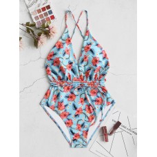 Criss Cross Backless Floral Drawstring Plunge Neck Swimwear