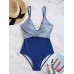 Plunge V Neck Stripe Printed Cross Criss High Waist One  pieces Swimwear