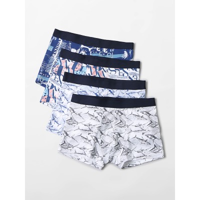 4Pcs Mens Printing Elastic Mid Waist Breathable Home Boyshorts Boxers Briefs