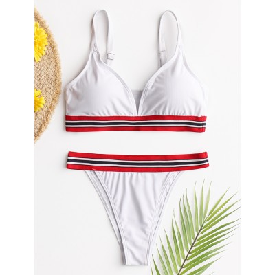 Women Striped Trim Spaghetti Straps Backless Bikini Thong Swimsuit