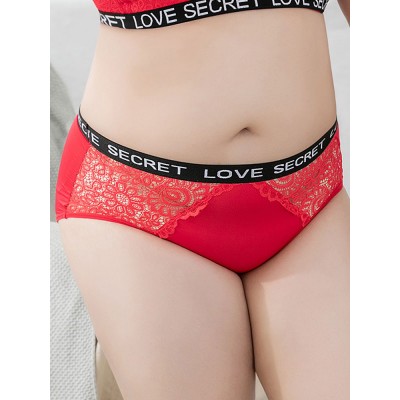 Plus Size Cotton Floral Lace Hollow Mid Waisted Briefs