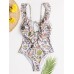 Women Design Floral Print String Ruffles Straps One Piece Backless Swimwear