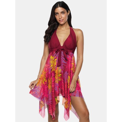 Plus Size Women Tropical Print Halter String Knot Backless Swimdresses