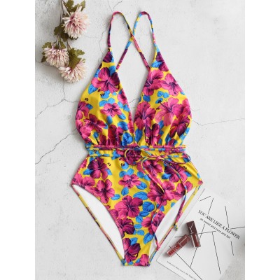 Deep Open Neckline Floral Print Backless Drawstring Swimwear