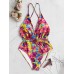 Deep Open Neckline Floral Print Backless Drawstring Swimwear