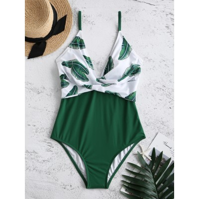 Plus Size Plunge V Neck Printed Backless One  Pieces Swimwear