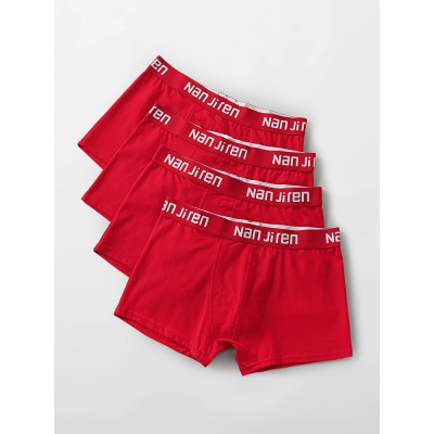 4Pcs Mens Seamless Cotton Underwear Logo Waistband Red Boxers With Pouch